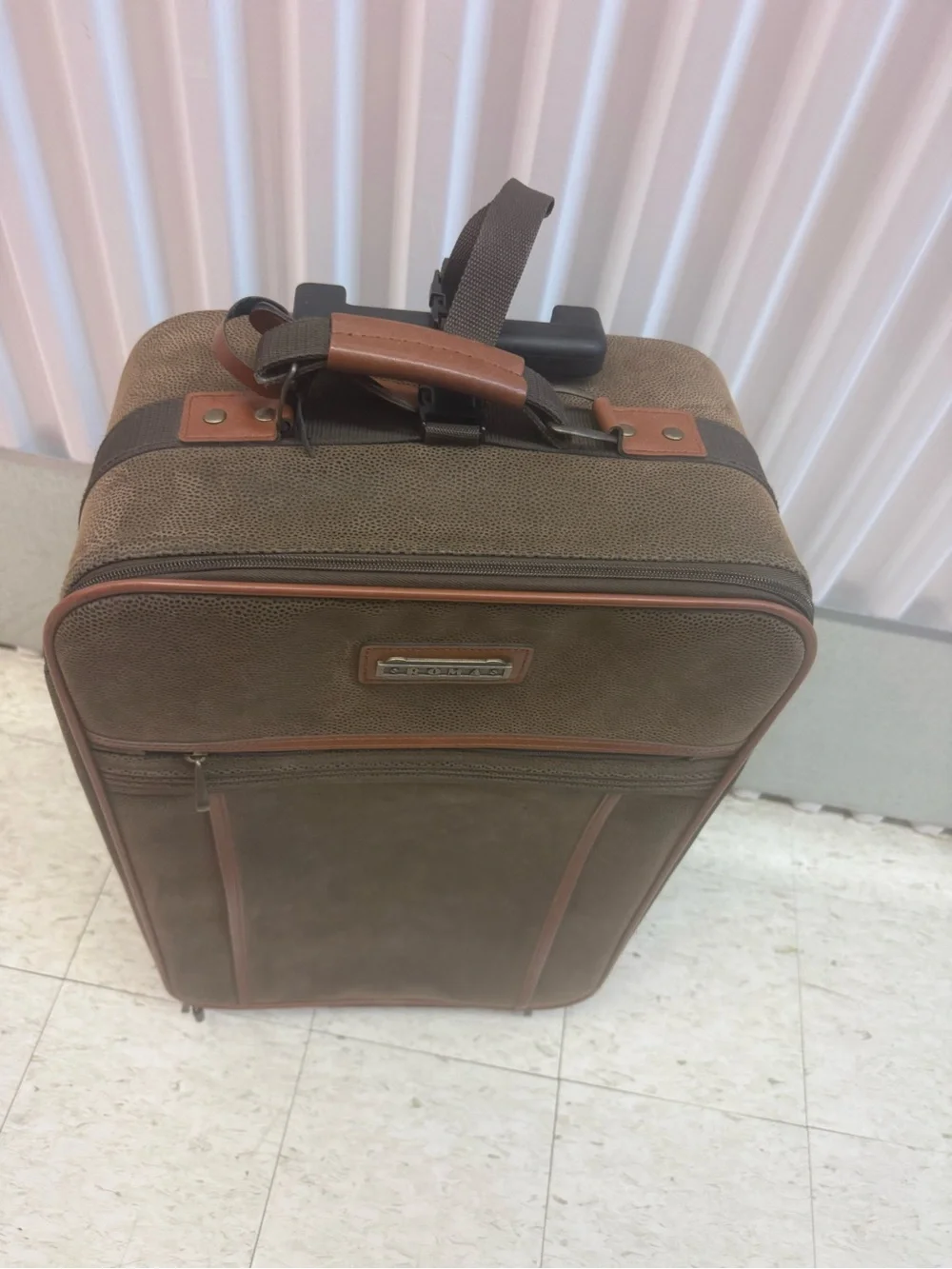 Brown Rolling Carry-On Suitcase with Leather Trim